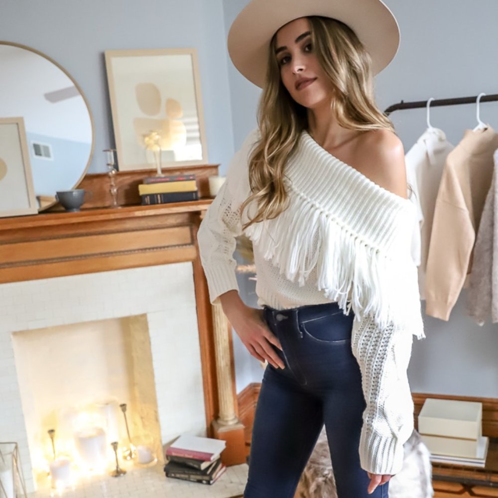 NWT Off-The-Shoulder Fringe Sweater - Picture 9 of 10